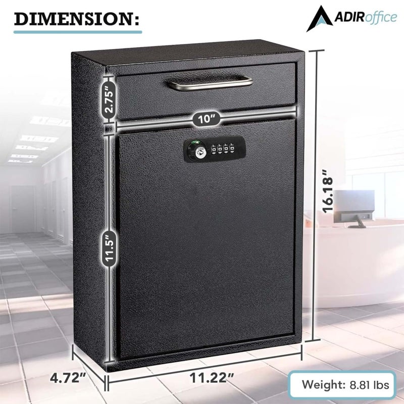 AdirOffice Wall Mount Mailbox - Combination Mailbox with Keys- Durable Wall Mounted Locking Mail Box and Cash Drop Box for House, Apartments and Business After Hours Deposits (Large, Black) - Image 5